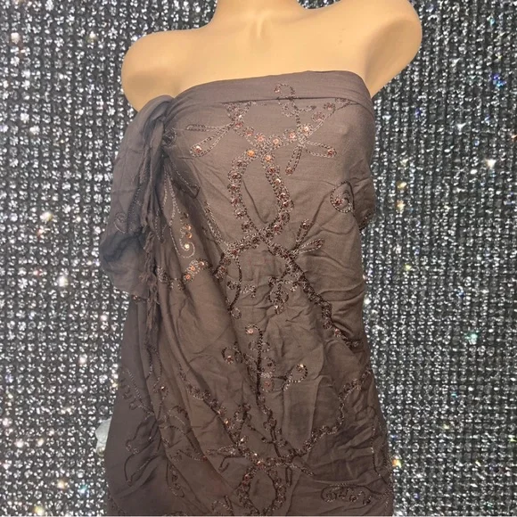 Beach coverup dress skirt scarf brown sequins sparkly fringe boho vintage y2k - Picture 1 of 5